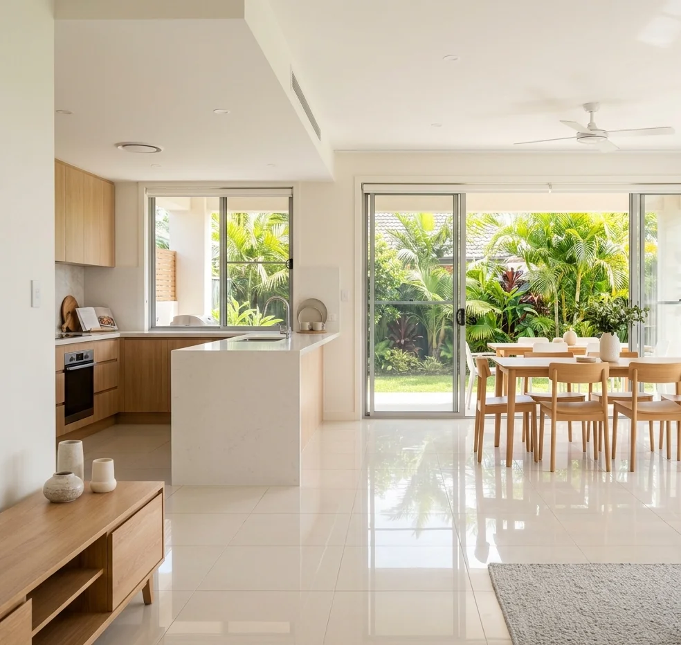 Open-plan living and kitchen area in a clean Cairns home